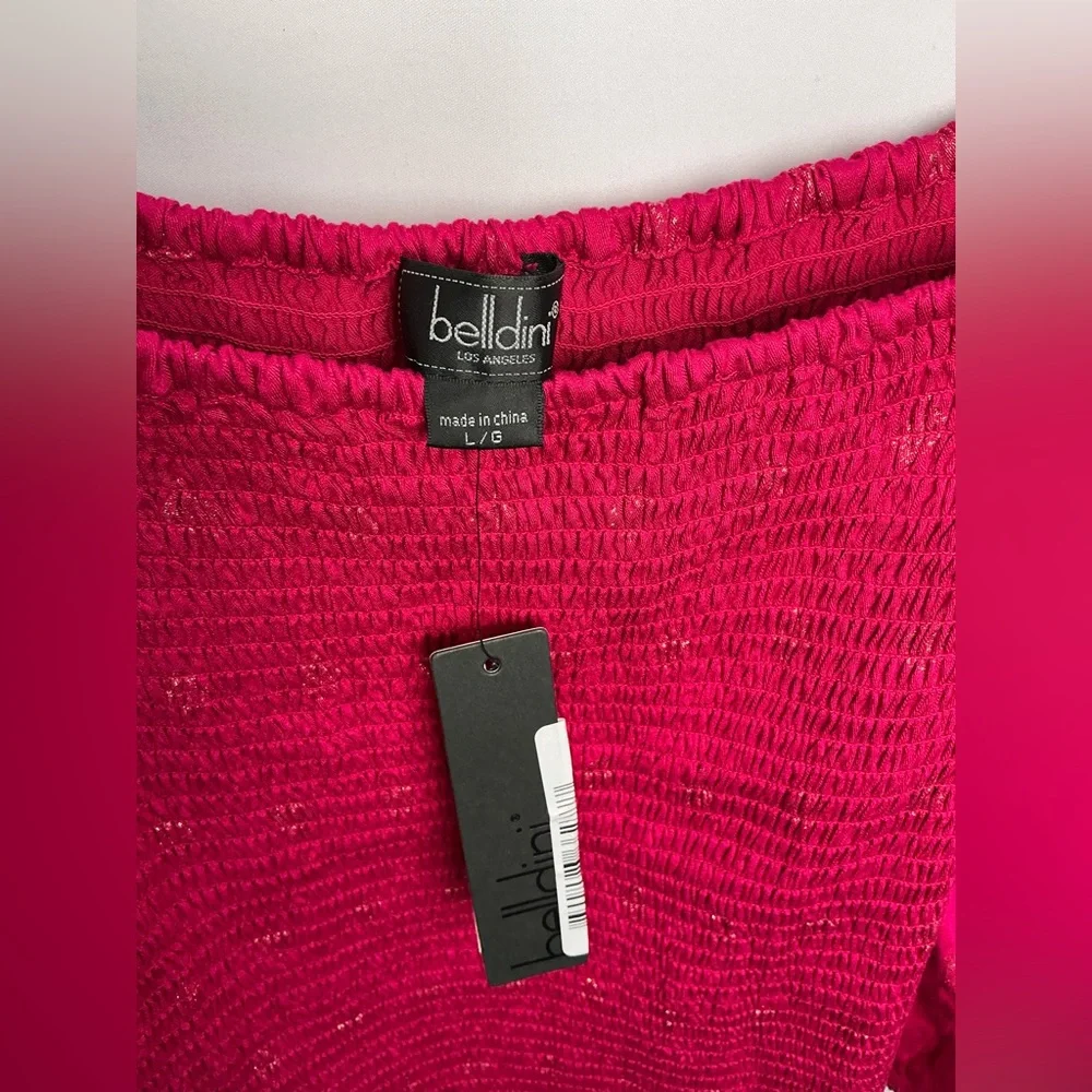 BELLDINI BLACK LABEL SMOCKED BOHO TOP Hot Pink Lg NEW - Picture 3 of 3